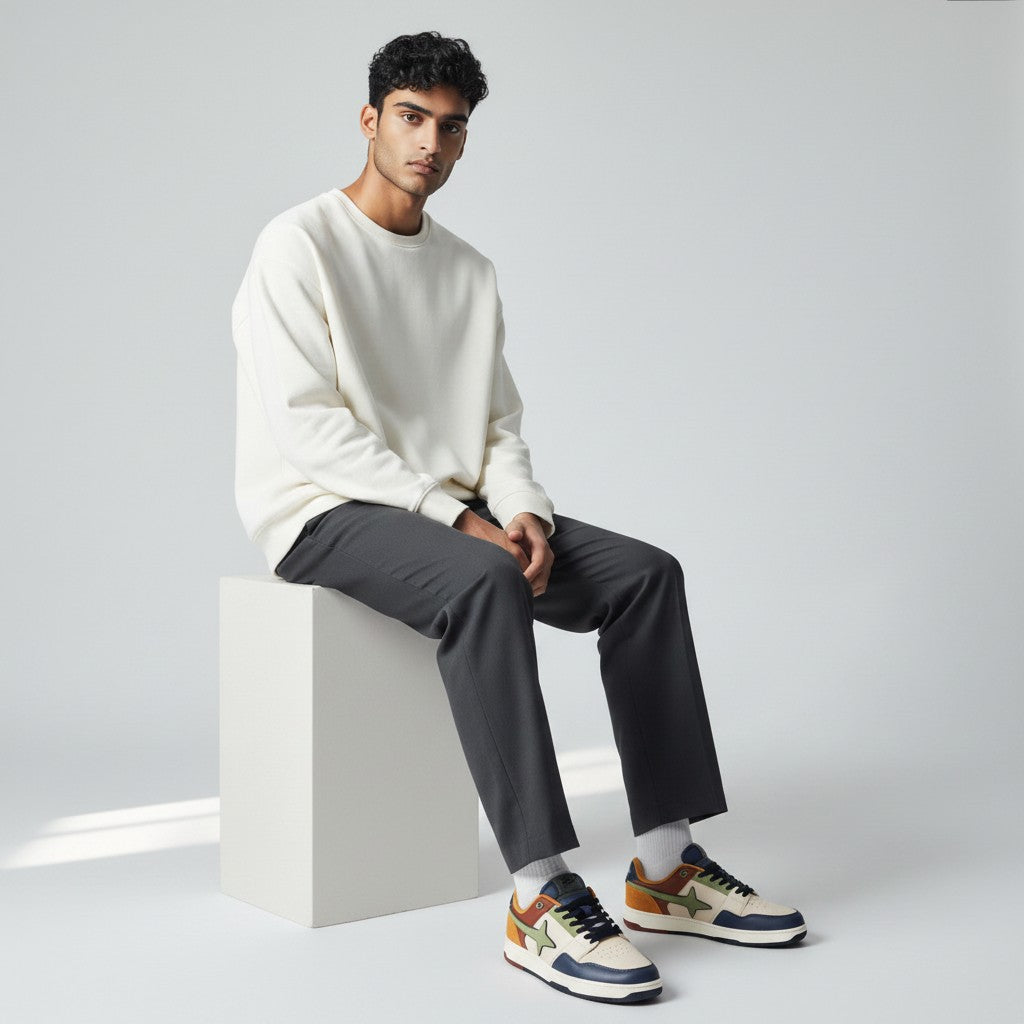 HypeSelection Comet X Lows Madagascar sneakers in cream, navy, green, rust, and tan with a star logo and suede accents.