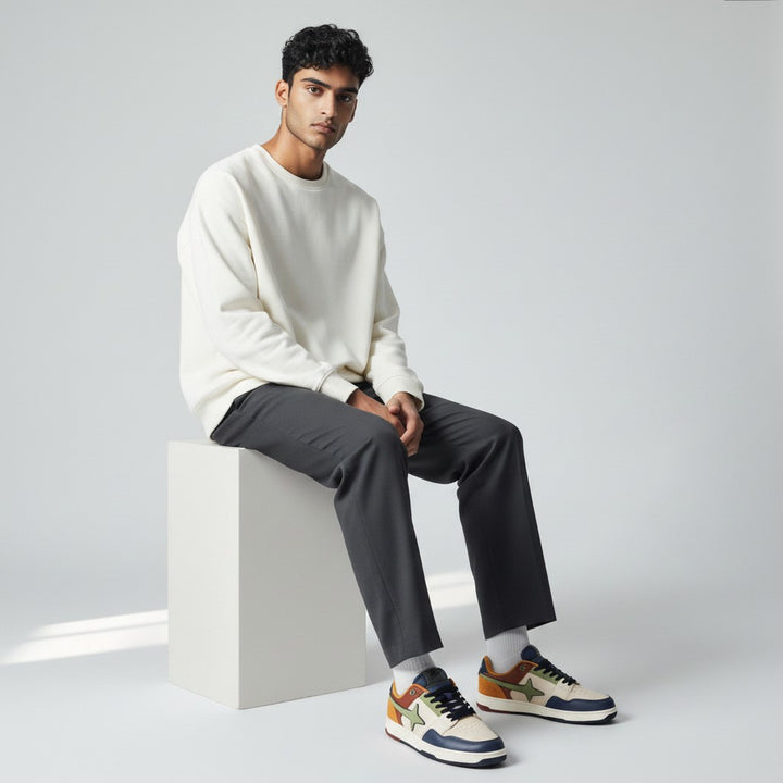 HypeSelection Comet X Lows Madagascar sneakers in cream, navy, green, rust, and tan with a star logo and suede accents.