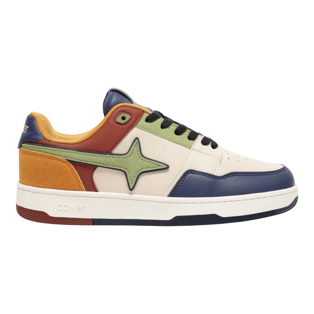 HypeSelection Comet X Lows Madagascar sneakers in cream, navy, green, brown, and orange colorblock. Faux leather and suede upper with star logo.