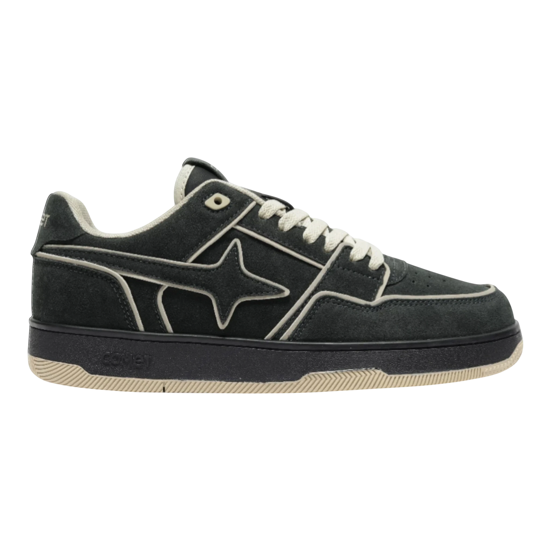 HypeSelection Comet X Lows Sesame dark grey suede sneakers with cream accents and a white sole. Features a star logo.