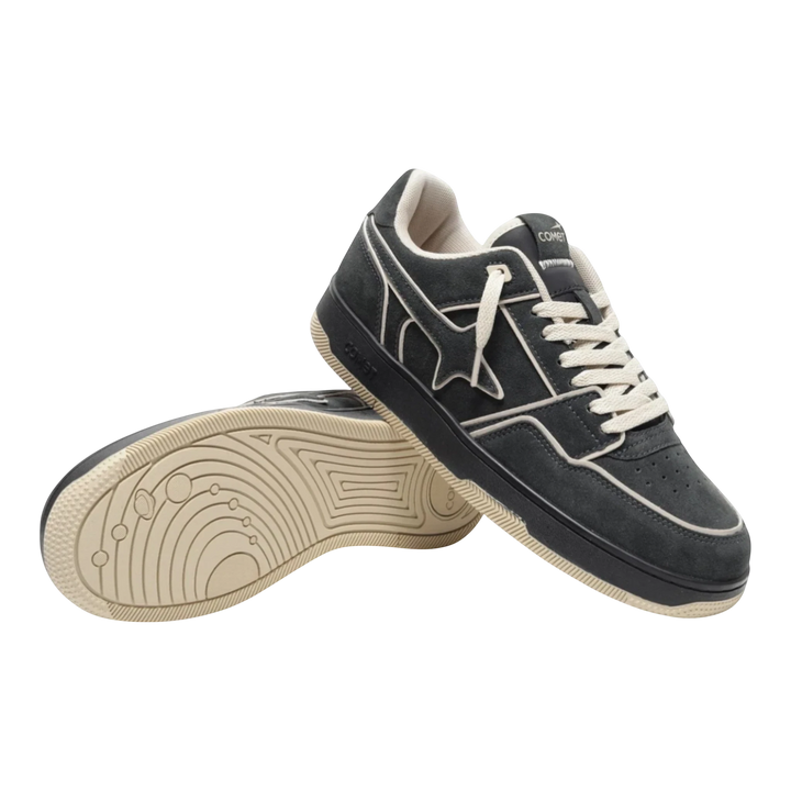 HypeSelection Comet X Lows Sesame dark grey suede sneakers with cream laces and contrast stitching.