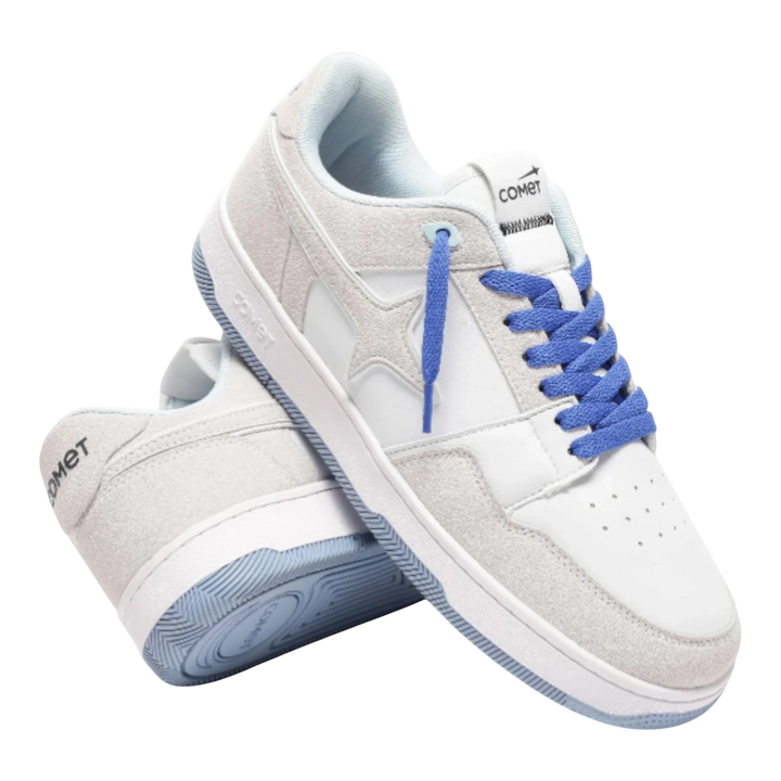 HypeSelection Comet X Lows Snow sneakers in white, beige, and pink with blue laces. Microfiber and suede upper with a rubber sole.