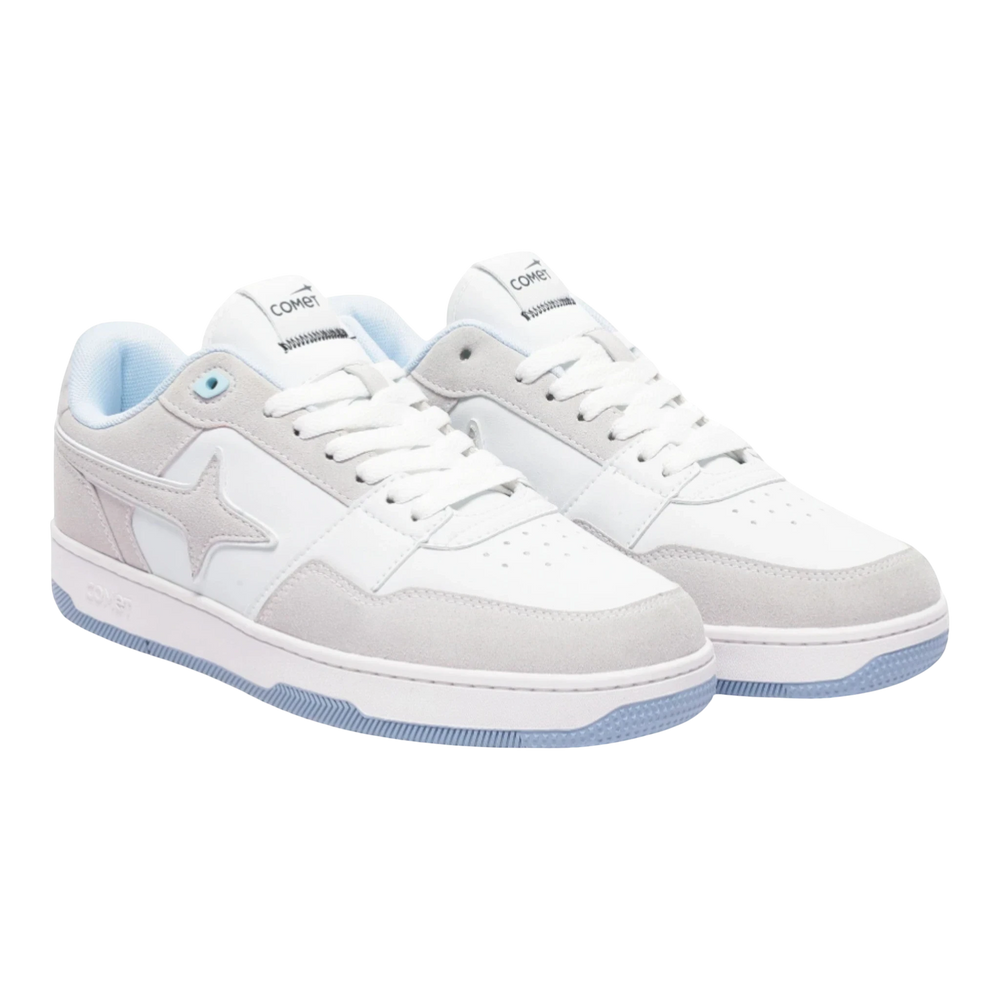 HypeSelection Comet X Lows Snow sneakers in white, beige, and light blue. Faux leather and suede with a rubber sole.