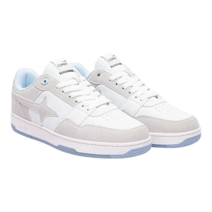 HypeSelection Comet X Lows Snow sneakers in white, beige, and light blue. Faux leather and suede with a rubber sole.