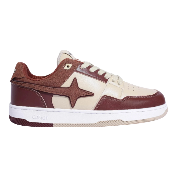 HypeSelection Comet X Lows Tiramisu sneakers in cream, brown, and burgundy with suede and leather details and a star logo.