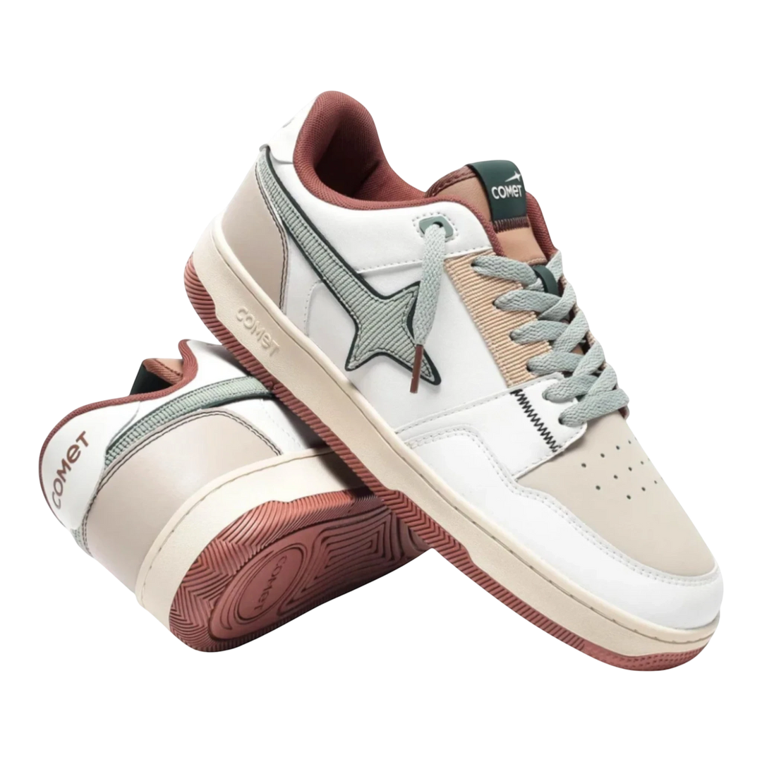 HypeSelection Comet X Lows Tuscan sneakers in white with brown and beige accents, faux leather and corduroy upper, and rubber sole.