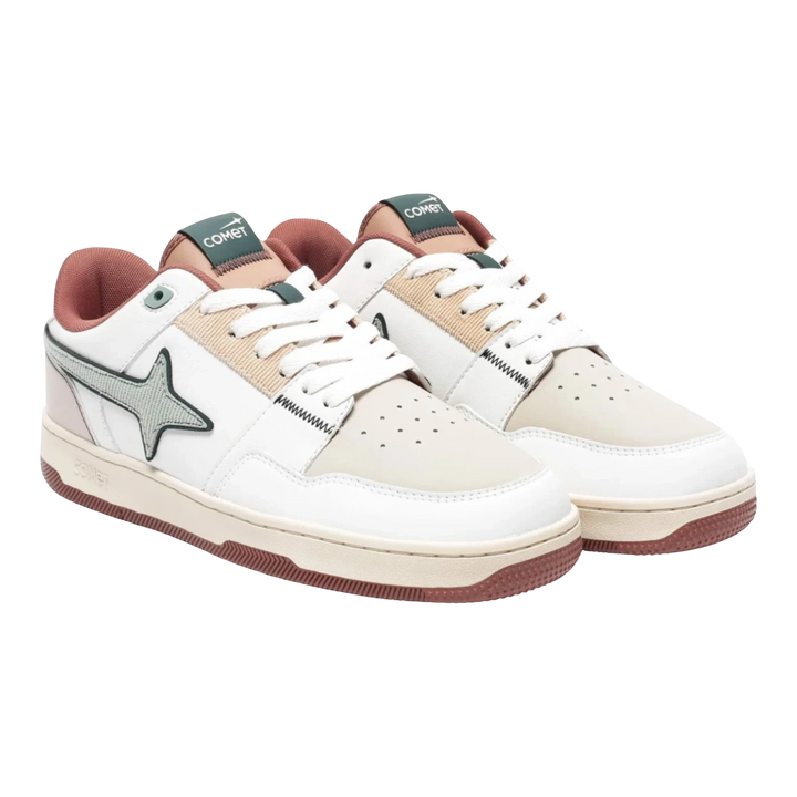 HypeSelection Comet X Lows Tuscan sneakers in white faux leather with brown accents, star logo, and rubber sole.