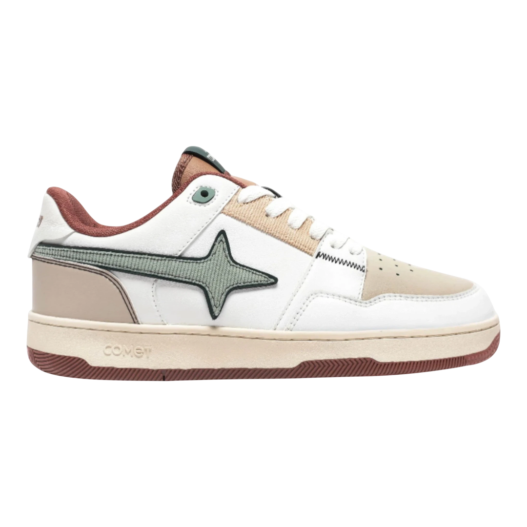 HypeSelection Comet X Lows Tuscan sneakers: white faux leather with brown &amp; green accents, corduroy, and a signature star logo.