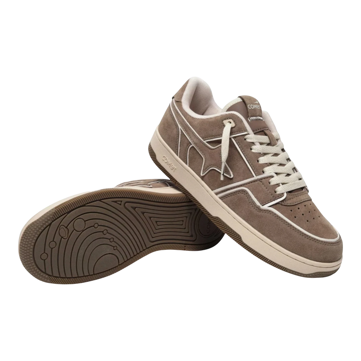 HypeSelection Comet X Lows Walnut suede sneakers with white laces and contrast stitching. Features a roomy toe box and signature sole.