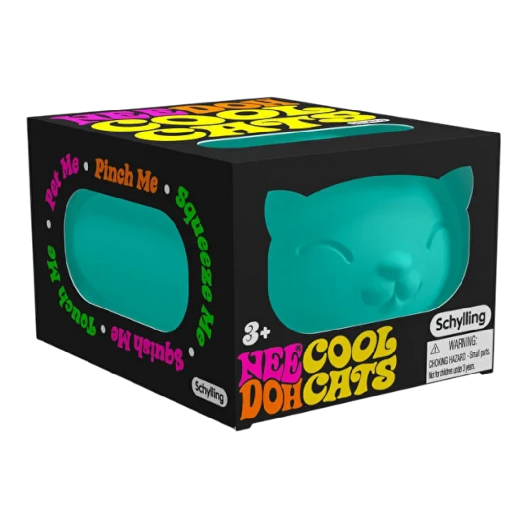 NeeDoh Cool Cats sensory fidget toy in blue/teal, shaped like a cat with ears and whiskers.