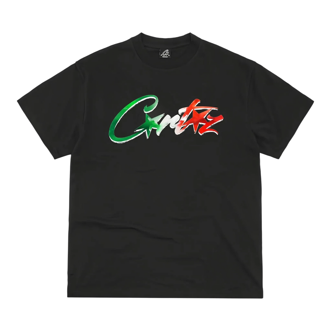HypeSelection black Corteiz Allstarz Italia cotton t-shirt with green, white, and red graphic logo on the chest.