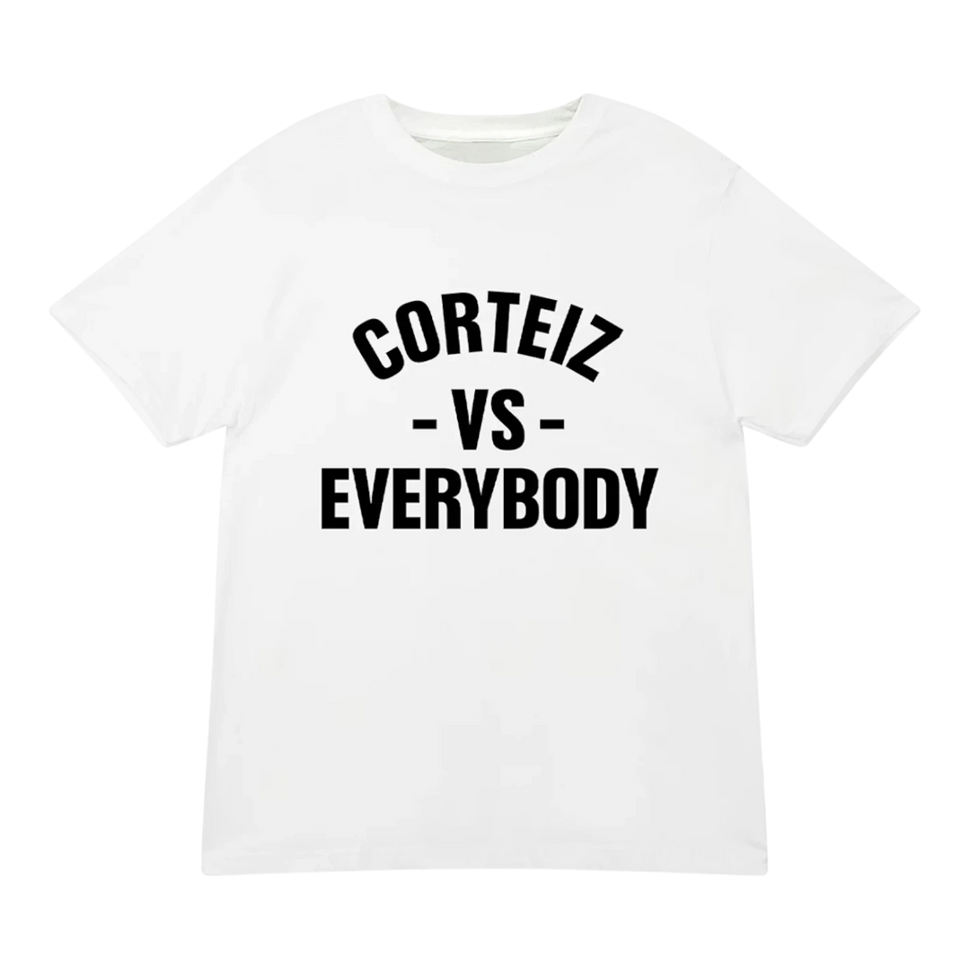 HypeSelection white Corteiz VS Tee featuring the bold black CORTEIZ VS EVERYBODY graphic in a relaxed cotton fit.