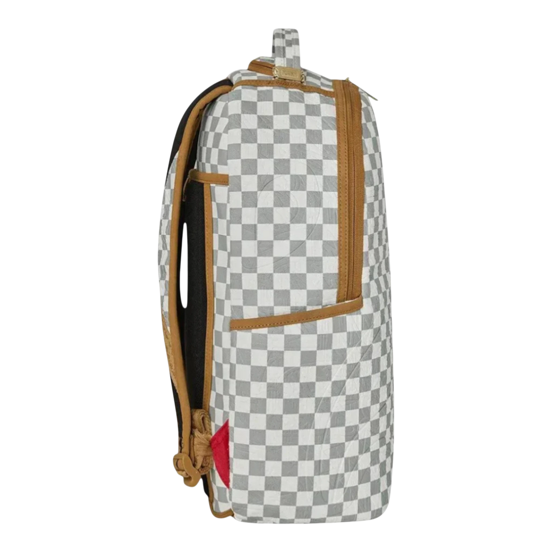 HypeSelection embossed cream check pattern backpack with brown trim and gold-tone zippers. Features a laptop compartment and multiple pockets.