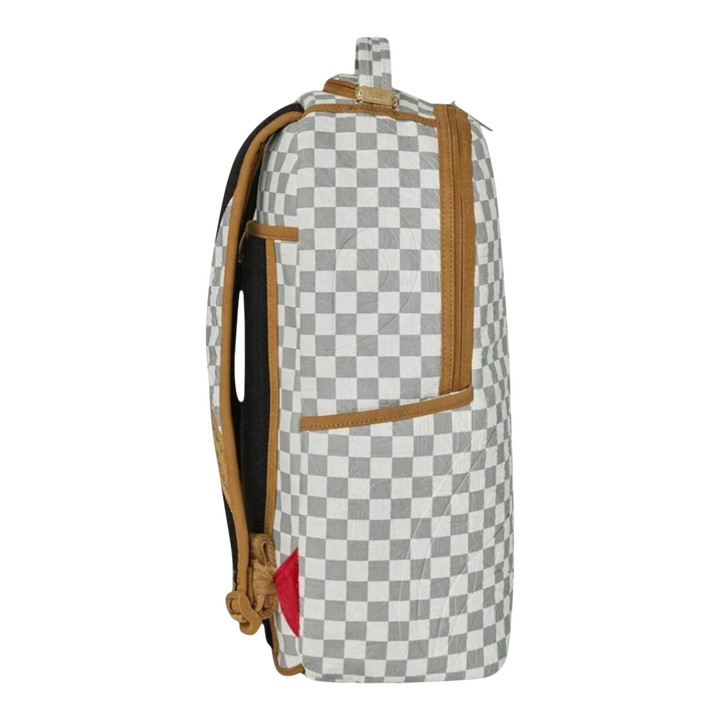 HypeSelection embossed cream check pattern backpack with brown trim and gold-tone zippers. Features a laptop compartment and multiple pockets.