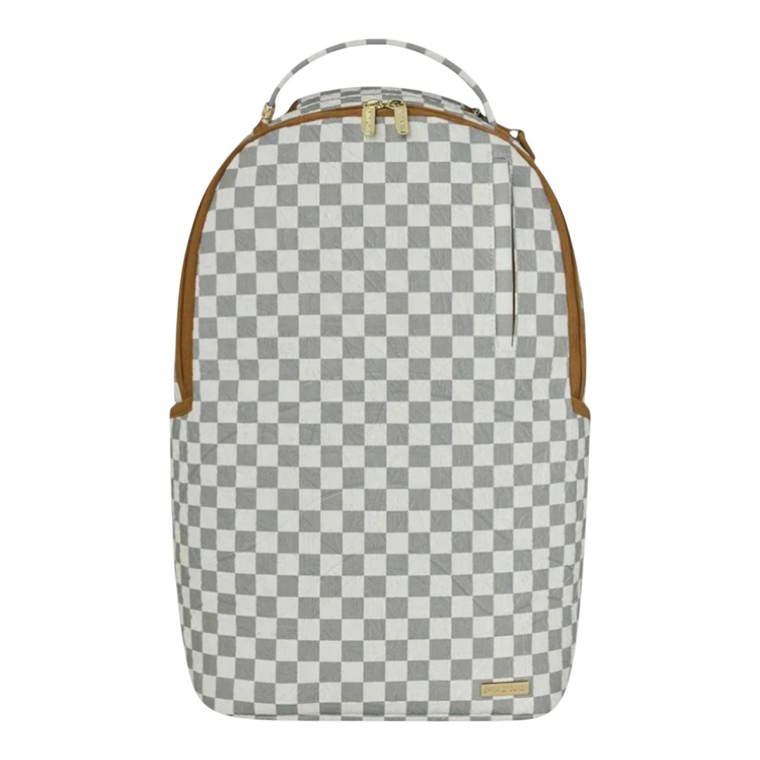 HypeSelection embossed cream check pattern backpack with gold-tone zippers and brown trim. Features a laptop compartment and multiple pockets.