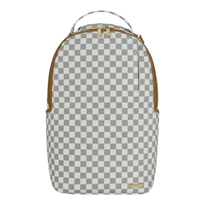 HypeSelection embossed cream check pattern backpack with gold-tone zippers and brown trim. Features a laptop compartment and multiple pockets.