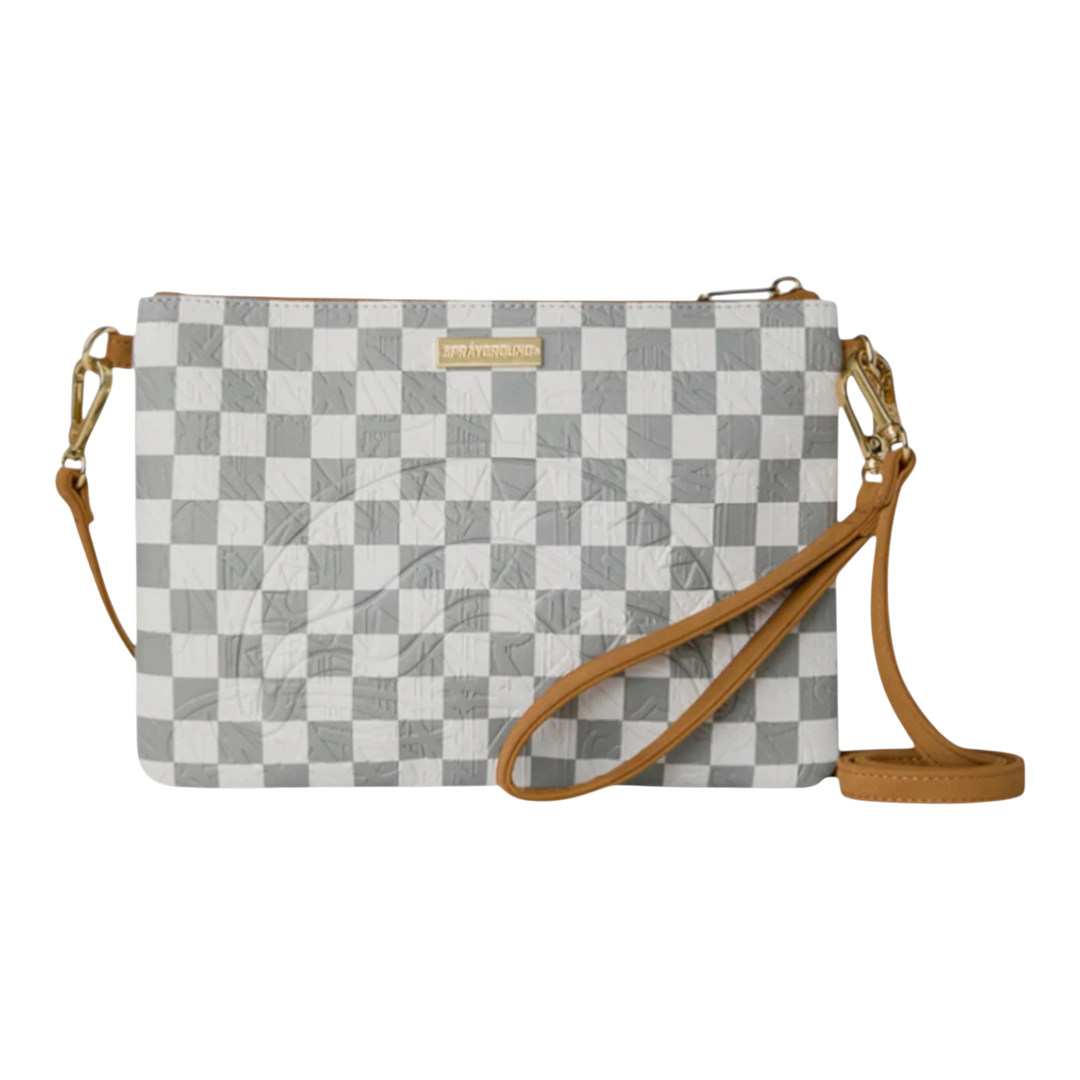 HypeSelection Graff Embossed Cream Check Crossover Clutch with embossed logo and tan straps.