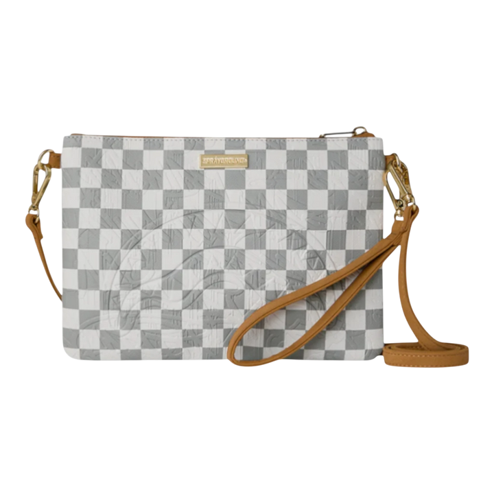HypeSelection Graff Embossed Cream Check Crossover Clutch with embossed logo and tan straps.