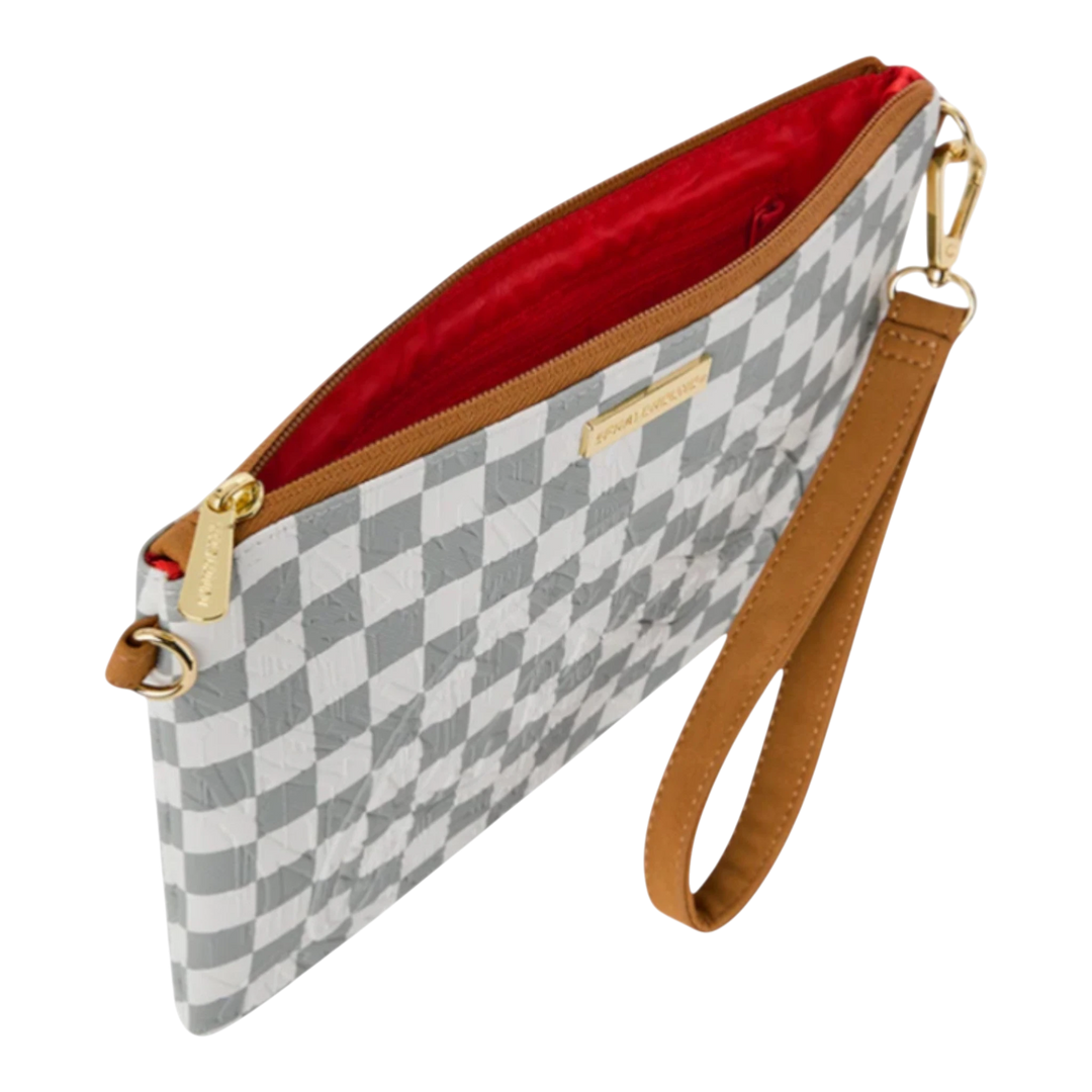HypeSelection Graff Embossed Cream Check Crossover Clutch with brown strap and red interior.
