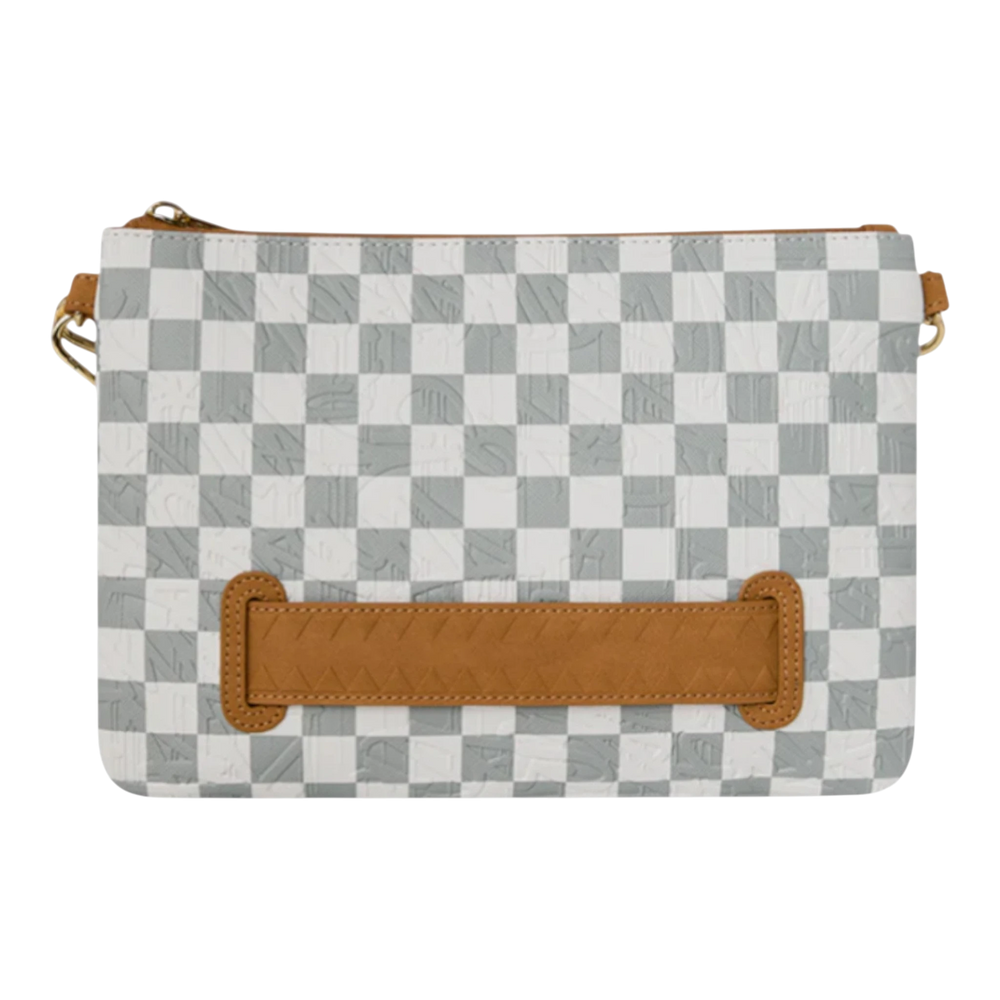 HypeSelection Graff Embossed Cream Check Crossover Clutch with brown trim and gold hardware. Textured checkerboard pattern.