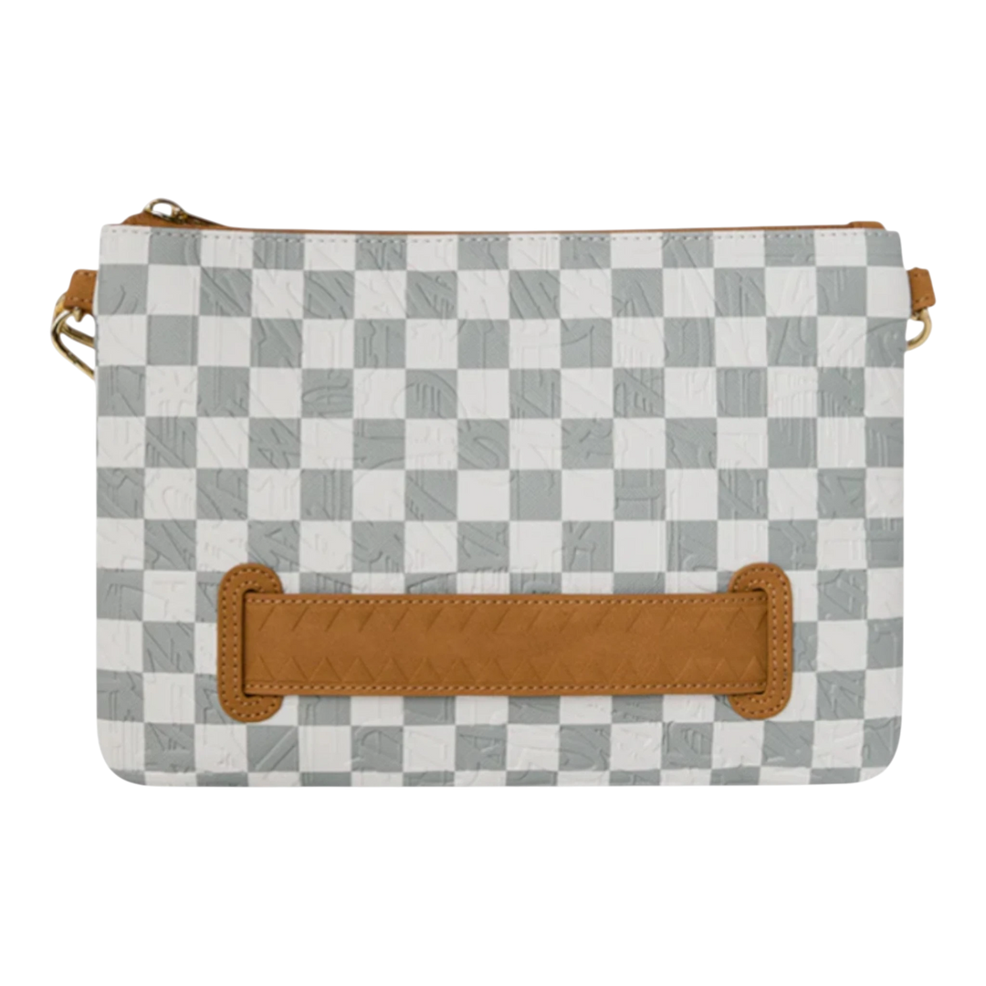 HypeSelection Graff Embossed Cream Check Crossover Clutch with brown trim and gold hardware. Textured checkerboard pattern.