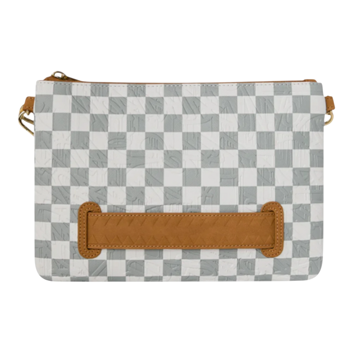 HypeSelection Graff Embossed Cream Check Crossover Clutch with brown trim and gold hardware. Textured checkerboard pattern.