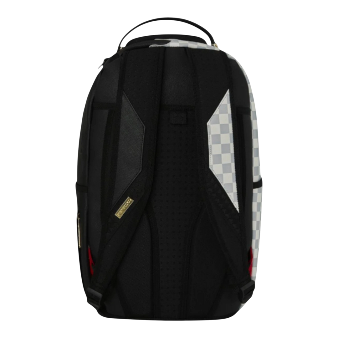 HypeSelection Cream Check Side Drip backpack with black padded straps and checkered pattern on the sides.