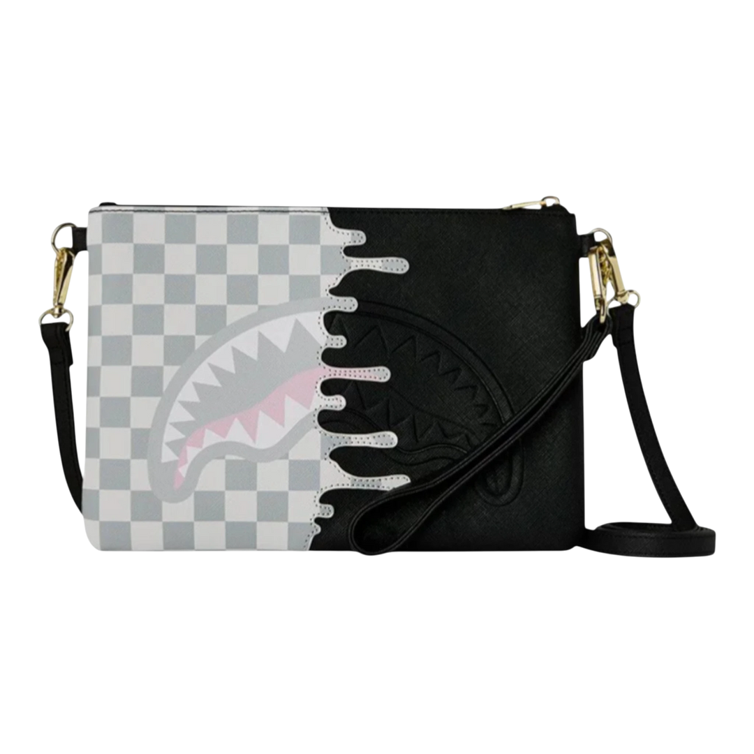 HypeSelection Cream Check Side Drip Crossover Clutch with shark graphic and black textured side.