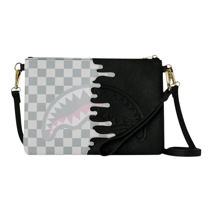 HypeSelection Cream Check Side Drip Crossover Clutch with shark graphic and black textured side.