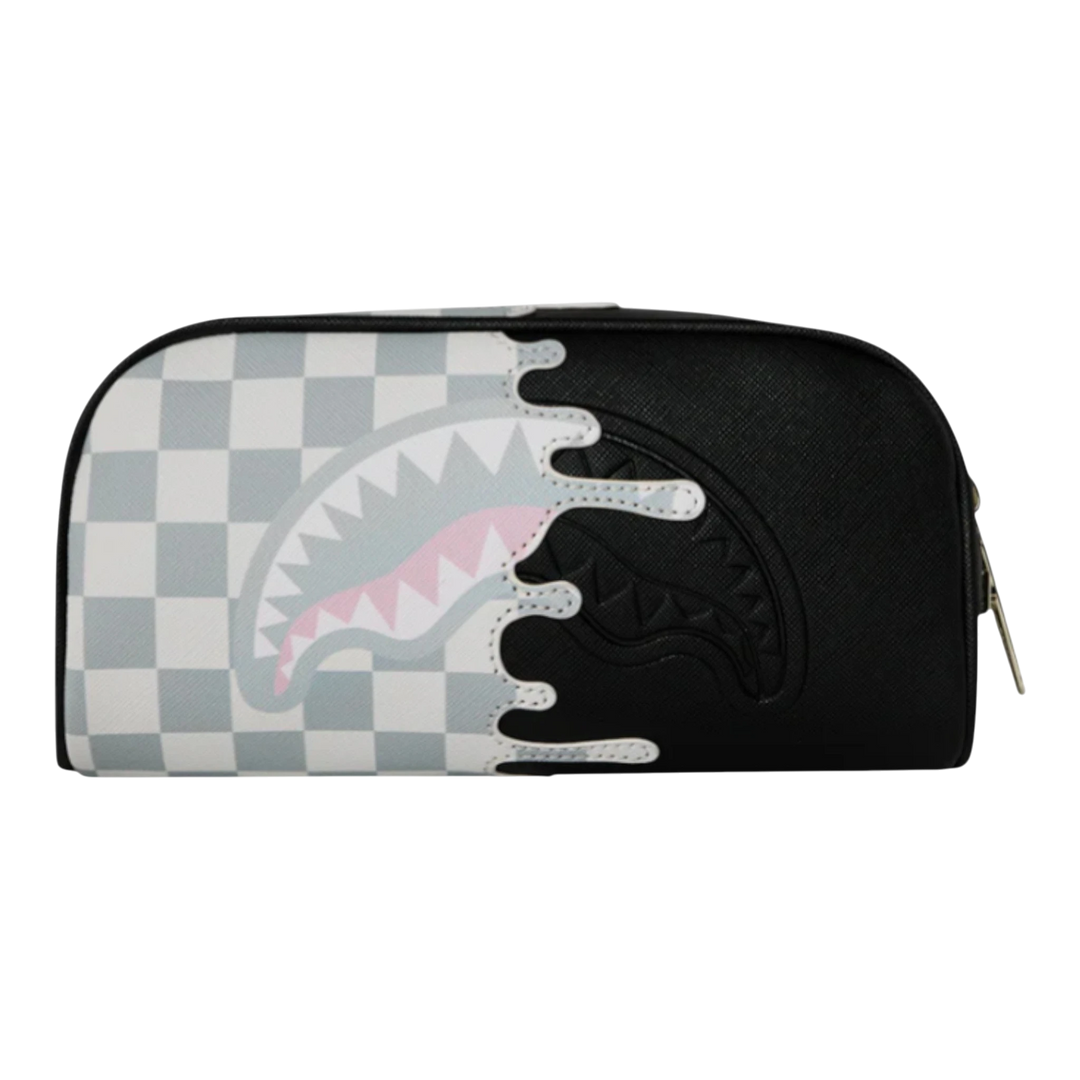 HypeSelection Cream Check Side Drip Pouch with black and grey checkerboard pattern and shark graphic detail. Made of PVC.