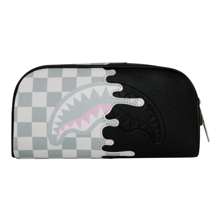 HypeSelection Cream Check Side Drip Pouch with black and grey checkerboard pattern and shark graphic detail. Made of PVC.