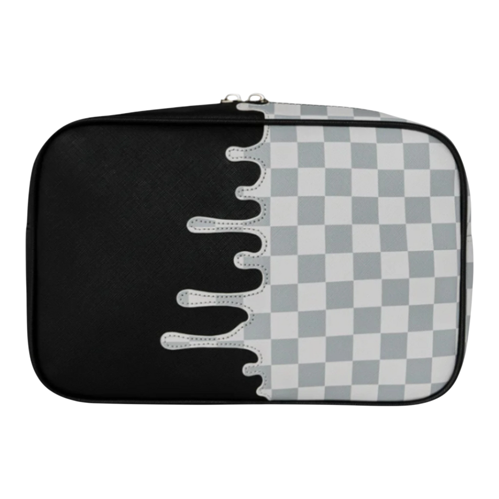 HypeSelection toiletry bag with black and cream check pattern, featuring a drip design and dual zip compartments. Made of faux leather.