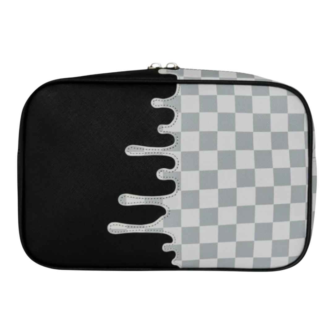 HypeSelection toiletry bag with black and cream check pattern, featuring a drip design and dual zip compartments. Made of faux leather.