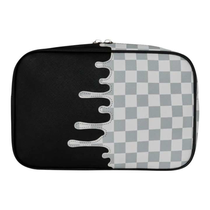 HypeSelection toiletry bag with black and cream check pattern, featuring a drip design and dual zip compartments. Made of faux leather.