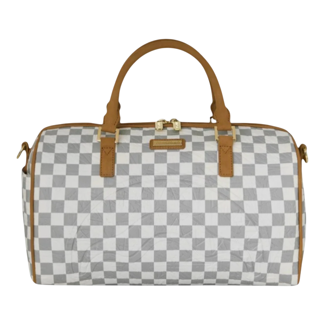 HypeSelection Graff Embossed Cream Check Mini Duffle bag with tan leather handles and trim. Features a checkerboard pattern and gold hardware.