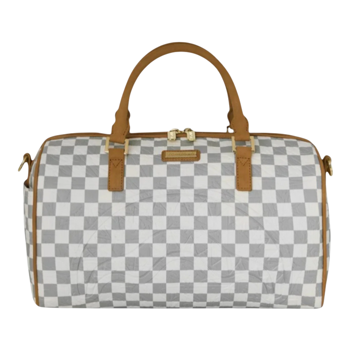 HypeSelection Graff Embossed Cream Check Mini Duffle bag with tan leather handles and trim. Features a checkerboard pattern and gold hardware.