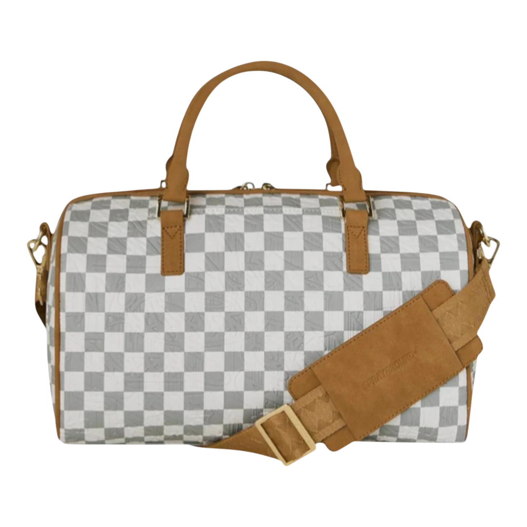 HypeSelection Graff Embossed Cream Check Mini Duffle bag with tan leather handles and strap. Features a checkerboard pattern and zip closure.