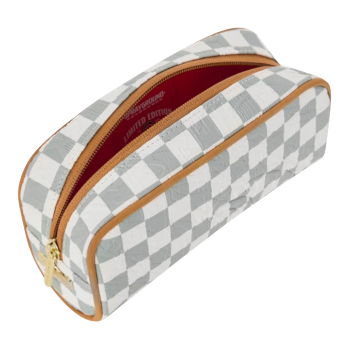 HypeSelection Sprayground Graff Embossed Cream Check Pouch with a textured finish and gold zipper.