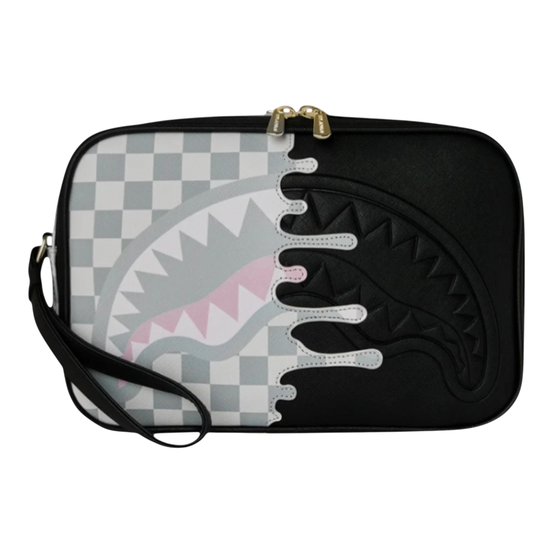 HypeSelection Cream Check Side Drip Toiletry Brick with black and white checkerboard and shark teeth graphic, faux leather.