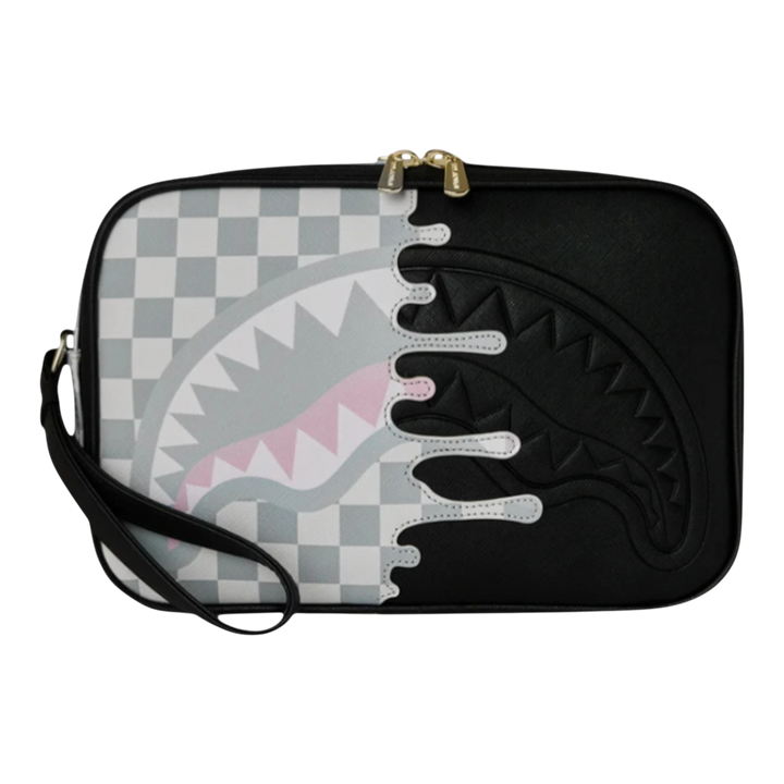 HypeSelection Cream Check Side Drip Toiletry Brick with black and white checkerboard and shark teeth graphic, faux leather.