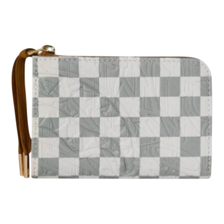 HypeSelection embossed cream check wallet with brown strap and gold zipper. Features a checkerboard pattern and slim profile.
