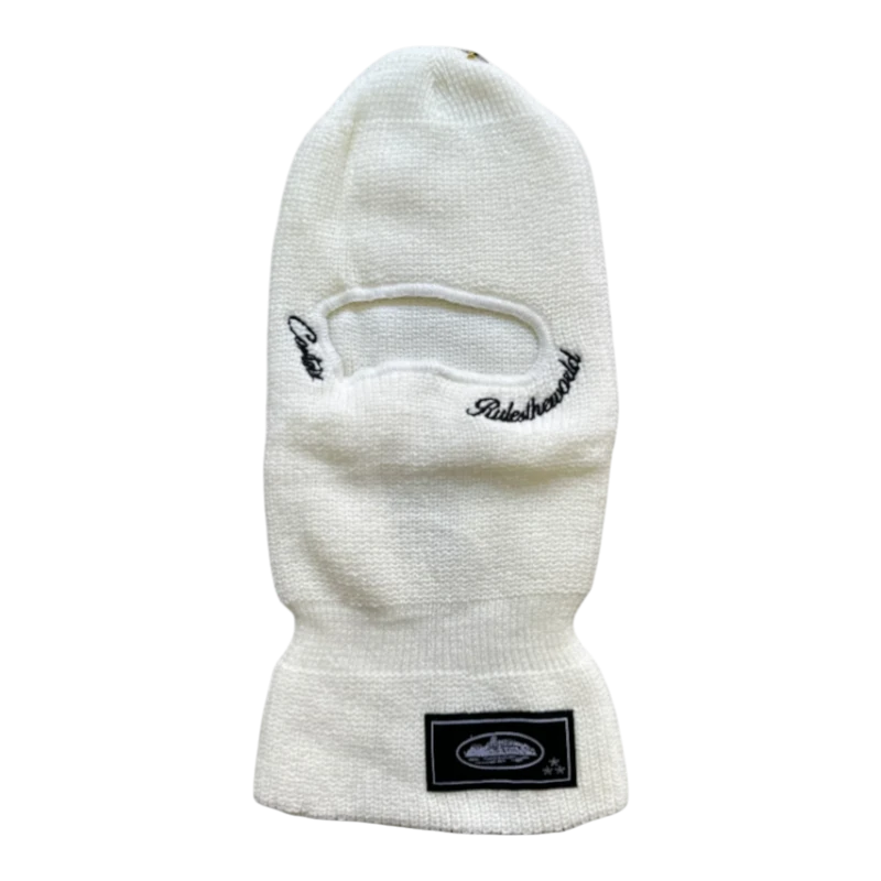 HypeSelection cream knit ski mask with embroidered branding and ribbed details. Full face coverage, one size fits most.