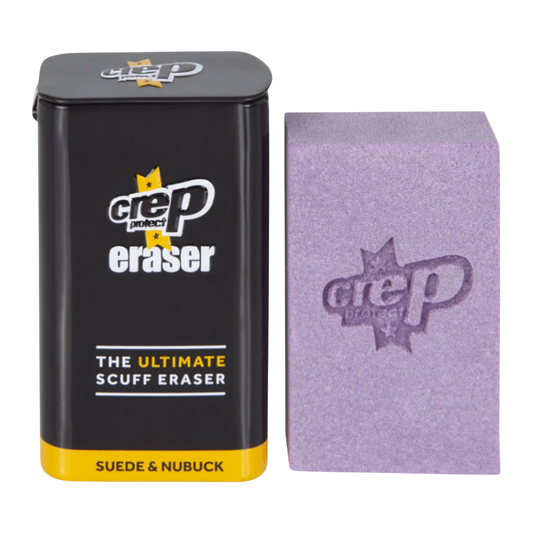 HypeSelection Crep Protect Eraser for suede and nubuck sneakers. Purple rubber block with embossed logo next to black tin packaging.