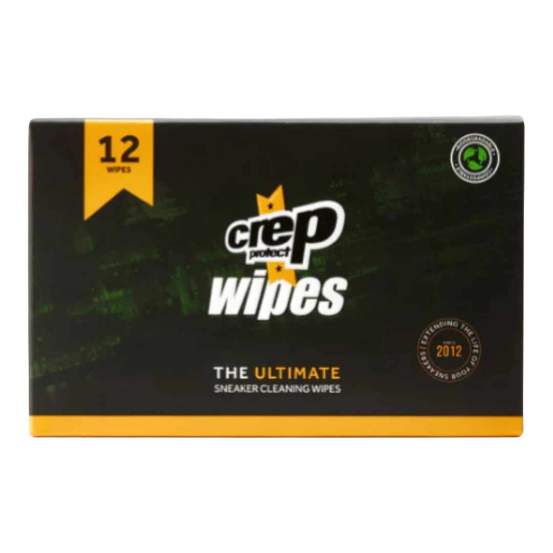 HypeSelection Crep Protect wipes box, featuring 12 individually sealed sneaker cleaning wipes. Black and yellow packaging with brand logos.