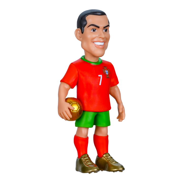 HypeSelection Minix Cristiano Ronaldo 7cm PVC collectible figure in Portugal red kit holding a gold football