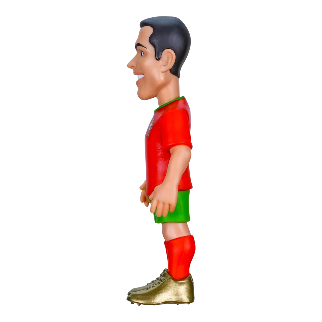 HypeSelection Minix Cristiano Ronaldo Portugal football figure in red and green kit with gold boots, side profile view.