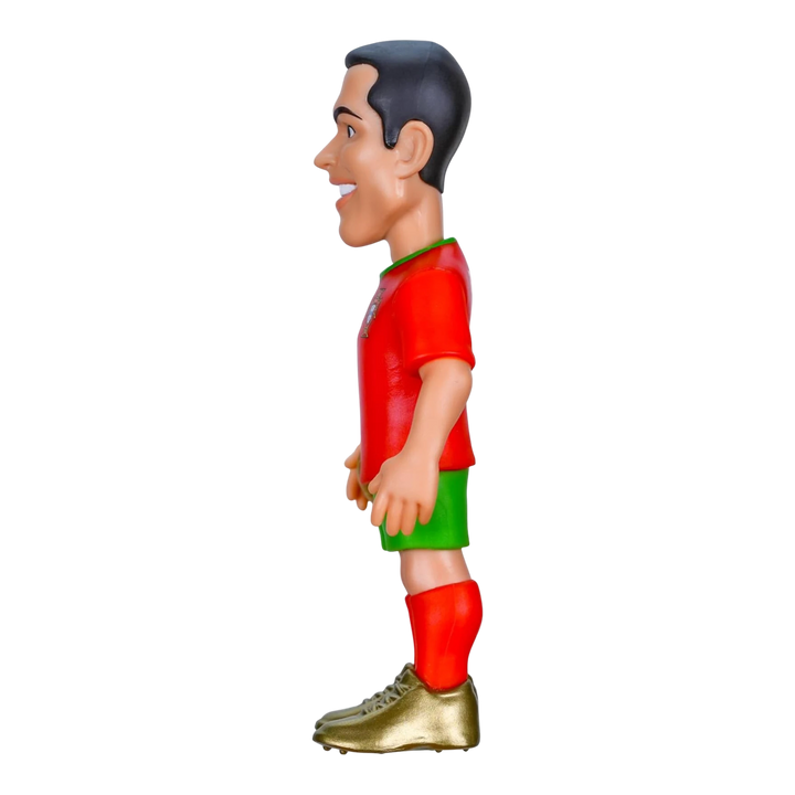 HypeSelection Minix Cristiano Ronaldo Portugal football figure in red and green kit with gold boots, side profile view.