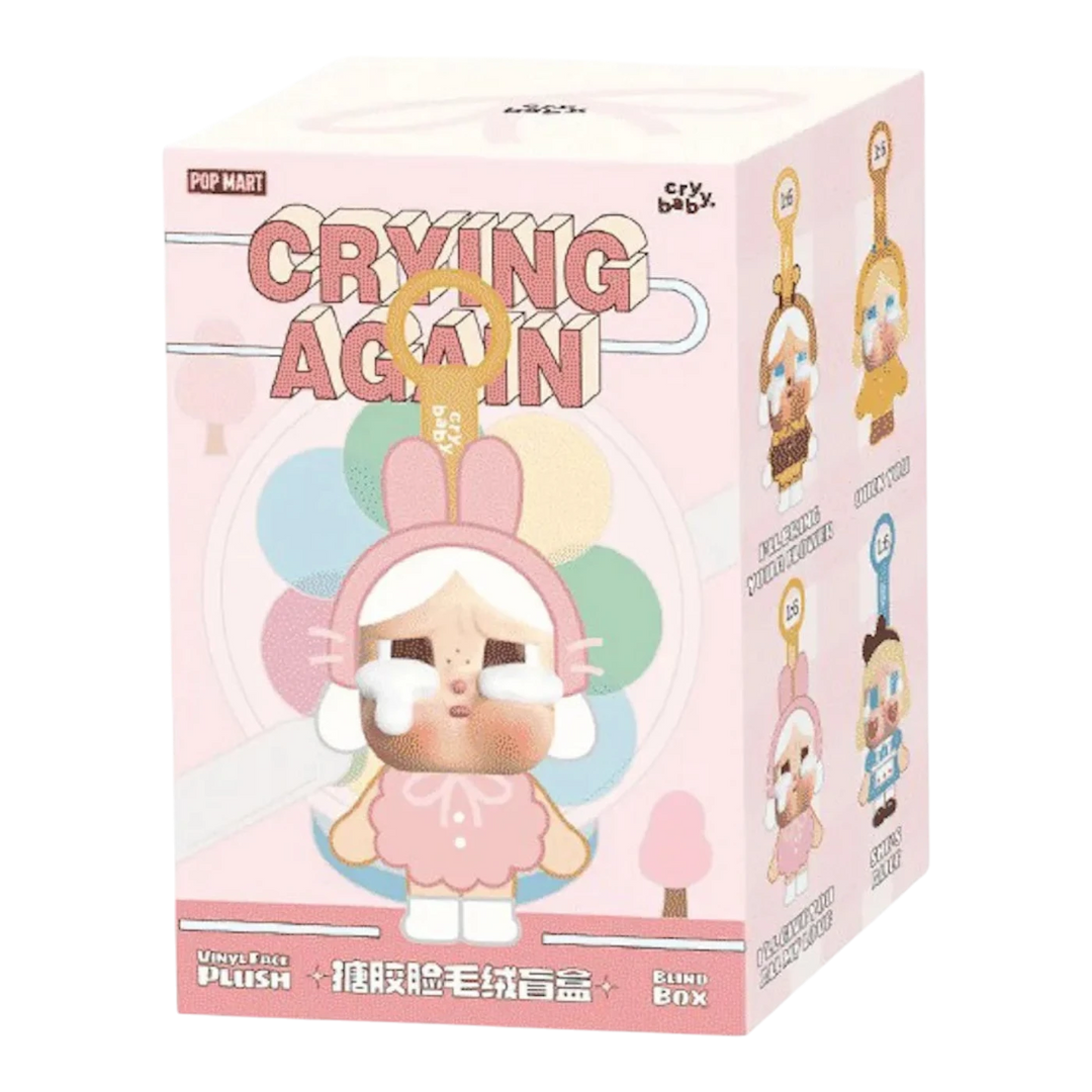 HypeSelection Pop Mart CryBaby Crying Again Series blind box featuring a plush toy with a vinyl face, wearing a pink bunny hat and crying.