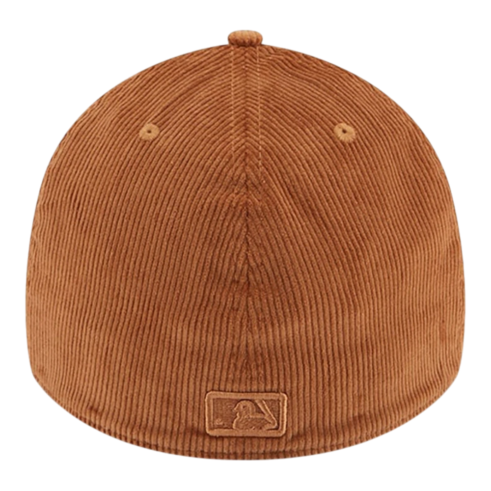 HypeSelection dark beige corduroy fitted hat with royal blue visor and embroidered Dodgers logo. Features MLB Batterman logo and green undervisor.