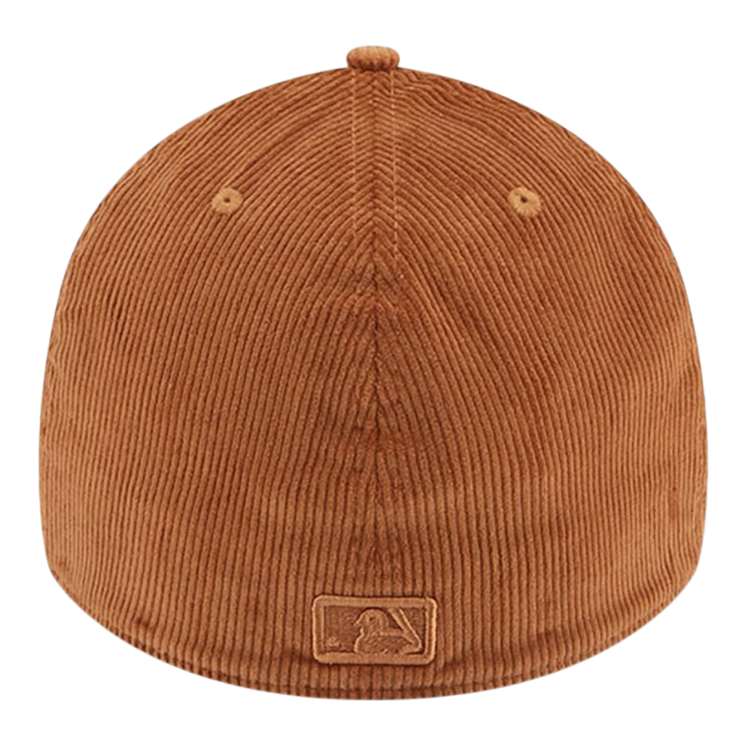 HypeSelection dark beige corduroy fitted hat with royal blue visor and embroidered Dodgers logo. Features MLB Batterman logo and green undervisor.